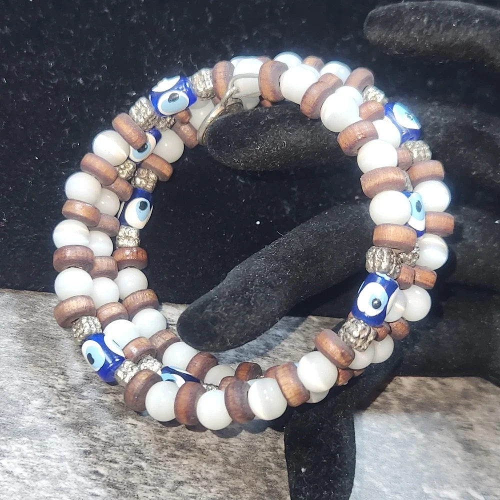 Evil Eye Wood Bead Wrap Bracelet Triple Strand Boho Protection Charm Blue White